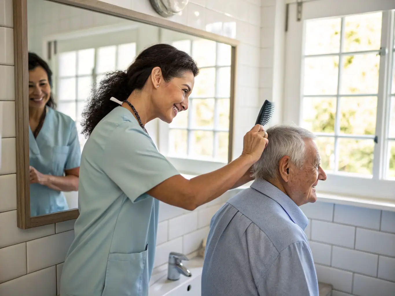 A support worker assisting a client with grooming and daily routines in a comfortable home setting, showcasing Personal Care Support.
