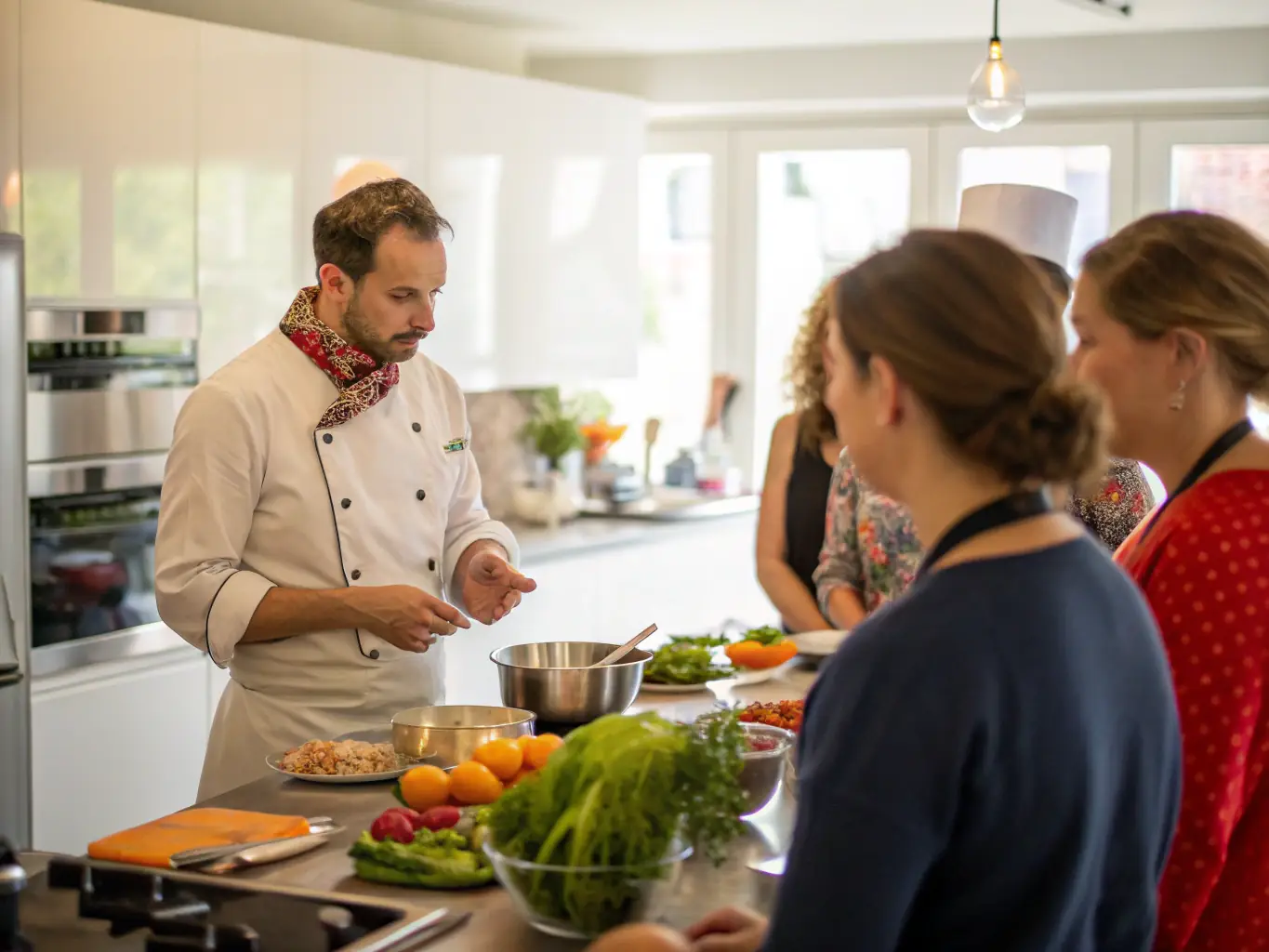 A trainer guiding a client through a cooking class in a community center, demonstrating Life Skills Development.