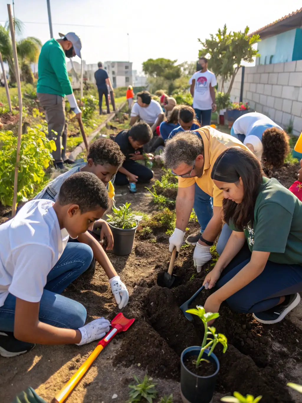 A group of people participating in a community gardening project, demonstrating Aussie Healthcare's commitment to community participation.