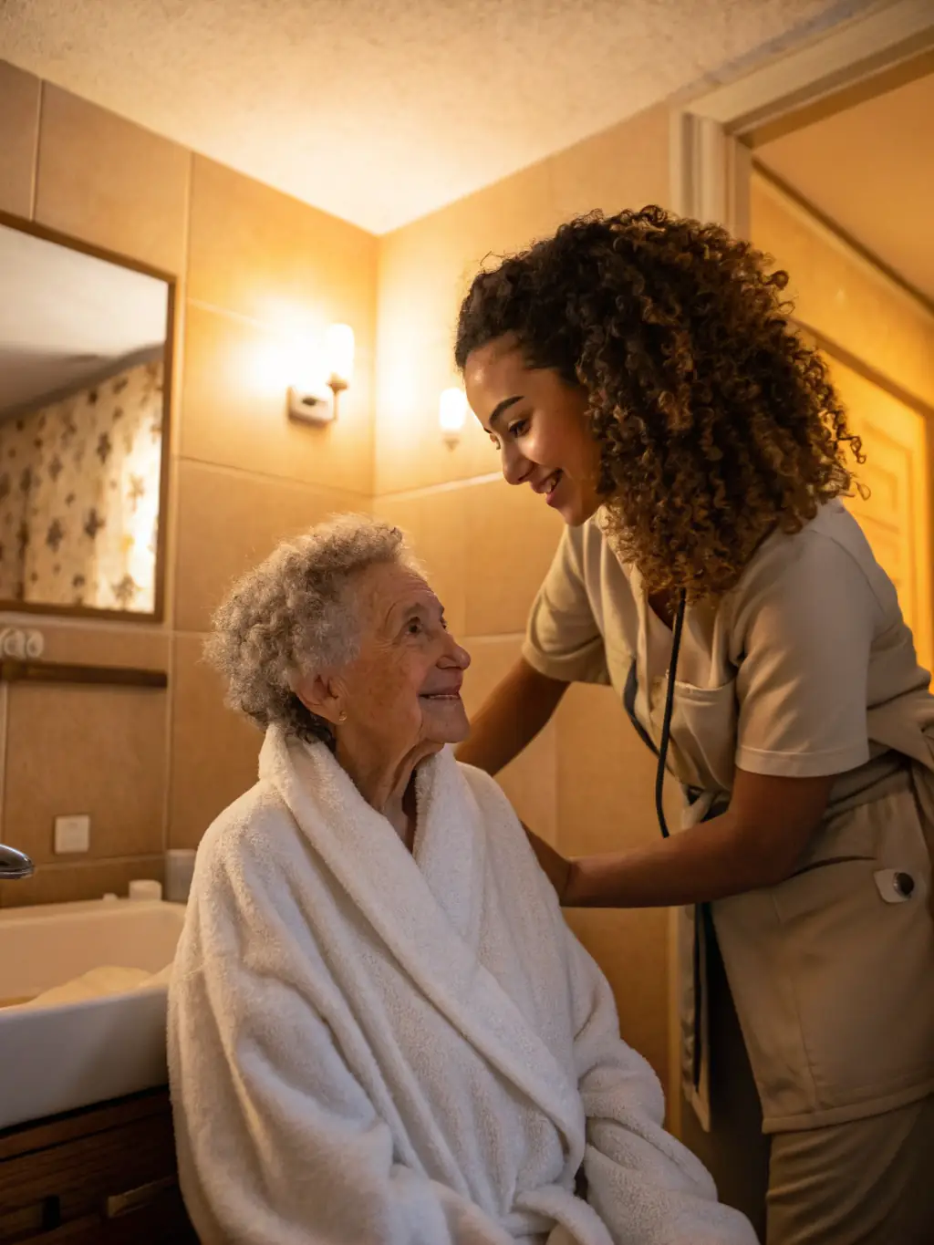 A friendly caregiver assisting a client with personal grooming in a bright, modern bathroom, showcasing Aussie Healthcare's personal care services.