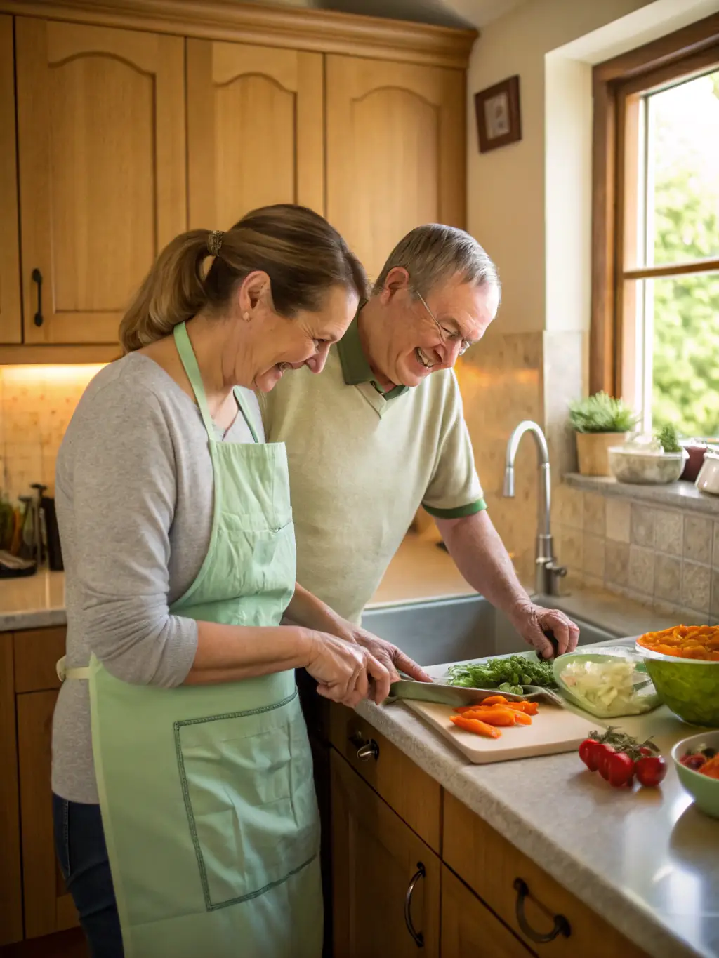 A friendly caregiver assisting a client with meal preparation in a modern kitchen, emphasizing the personal care service provided by Aussie Healthcare.