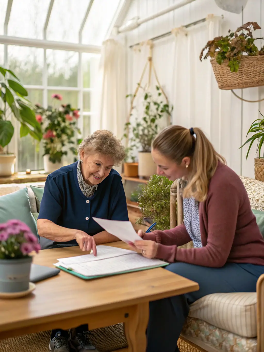 A client learning to manage their finances with the help of a support worker, showcasing Aussie Healthcare's life skills development program.