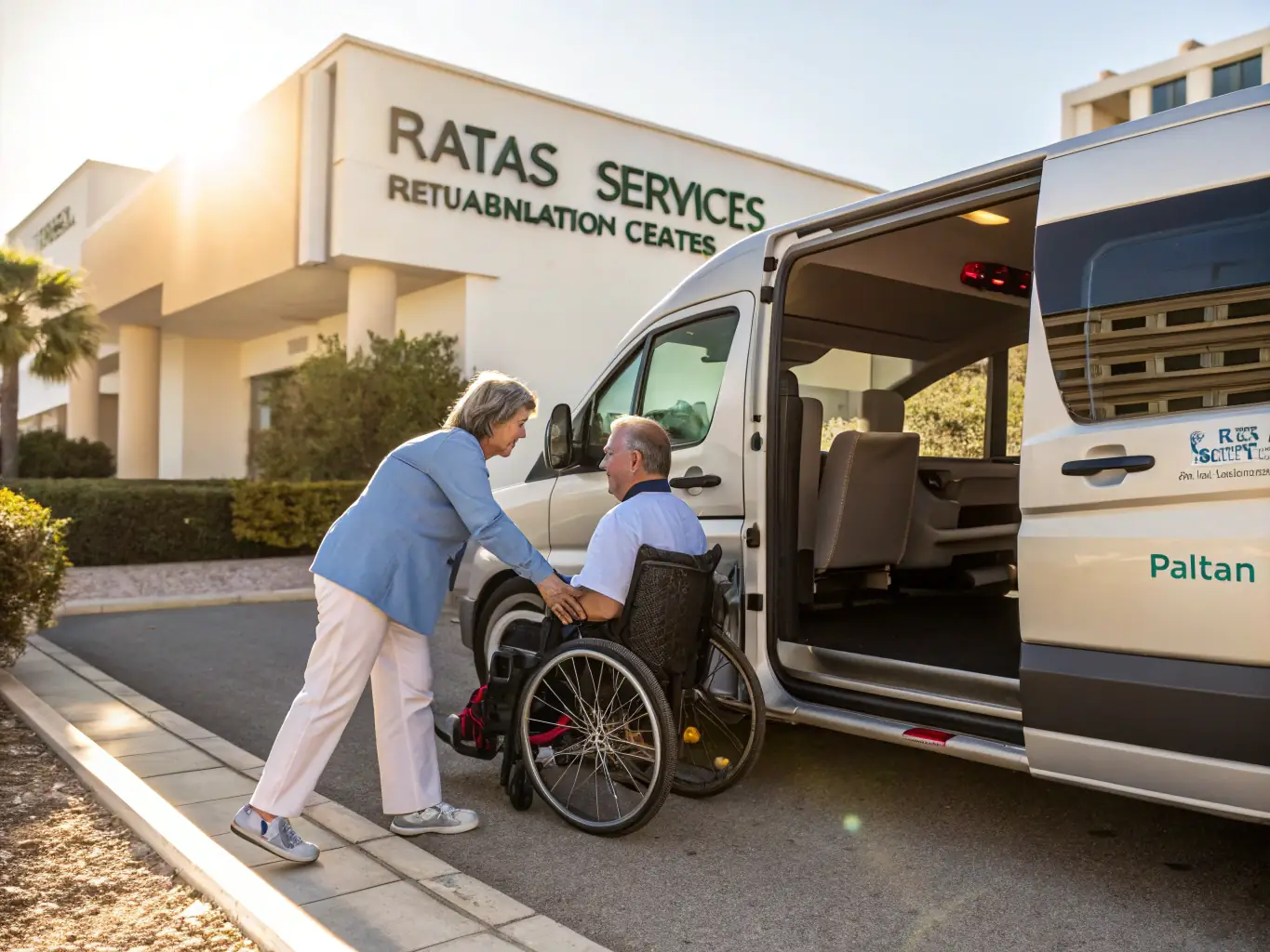 A wheelchair-accessible van transporting a client to a community event, illustrating Transport Assistance.
